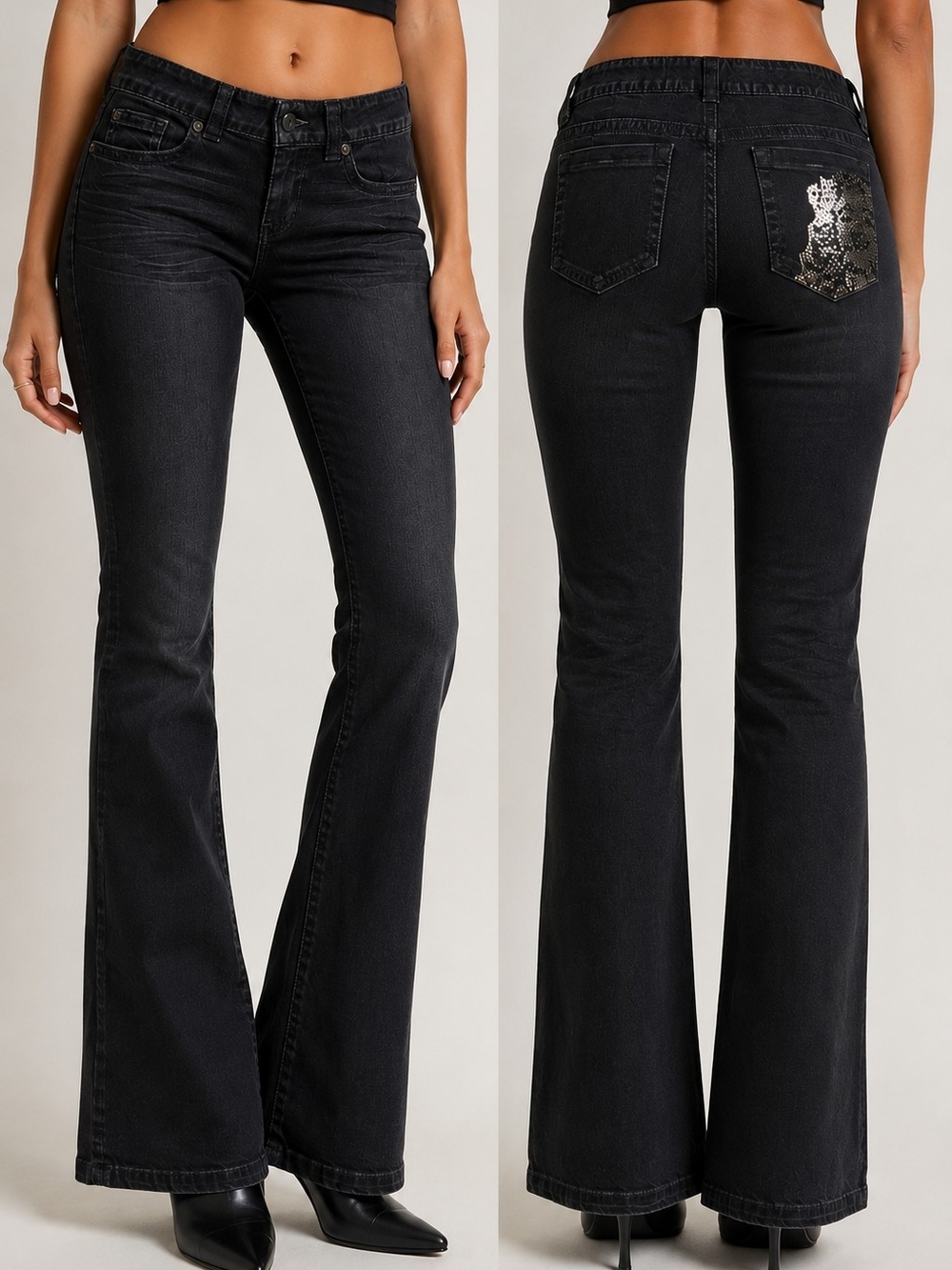 Y2K GUESS Daredevil Boot Cut Jeans – Charcoal Black Rhinestone Pocket – Size 28